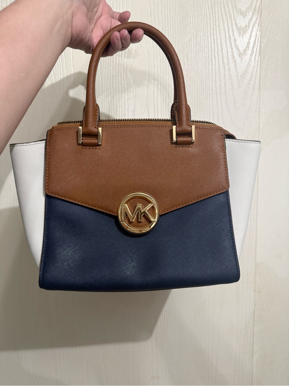Michael Kors Brown Navy White Leather Satchel with Gold MK Accent